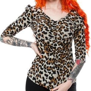 Voodoo Vixen Leopard Print Blouse Top Ruched 3/4 sleeves